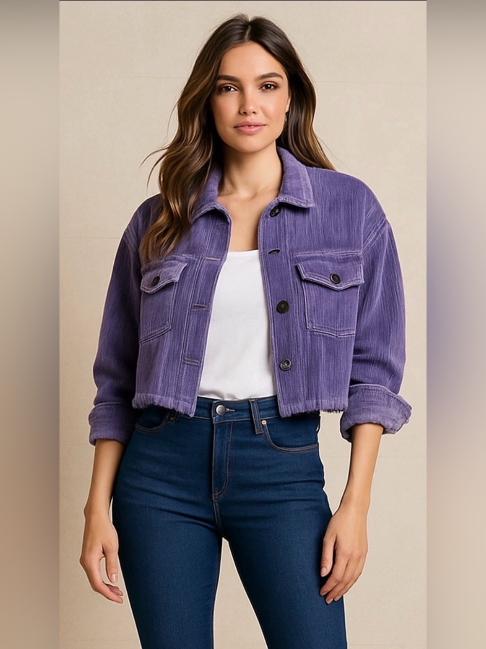POL Purple Corduroy, Cropped Shacket, Distressed Hem, Size Small